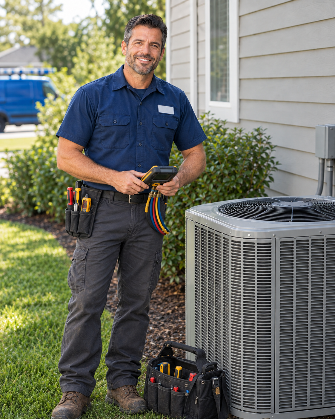 HVAC repair technician in a navy button-down work shirt with a tool pouch and diagnostic equipment beside an outdoor air-conditioning unit