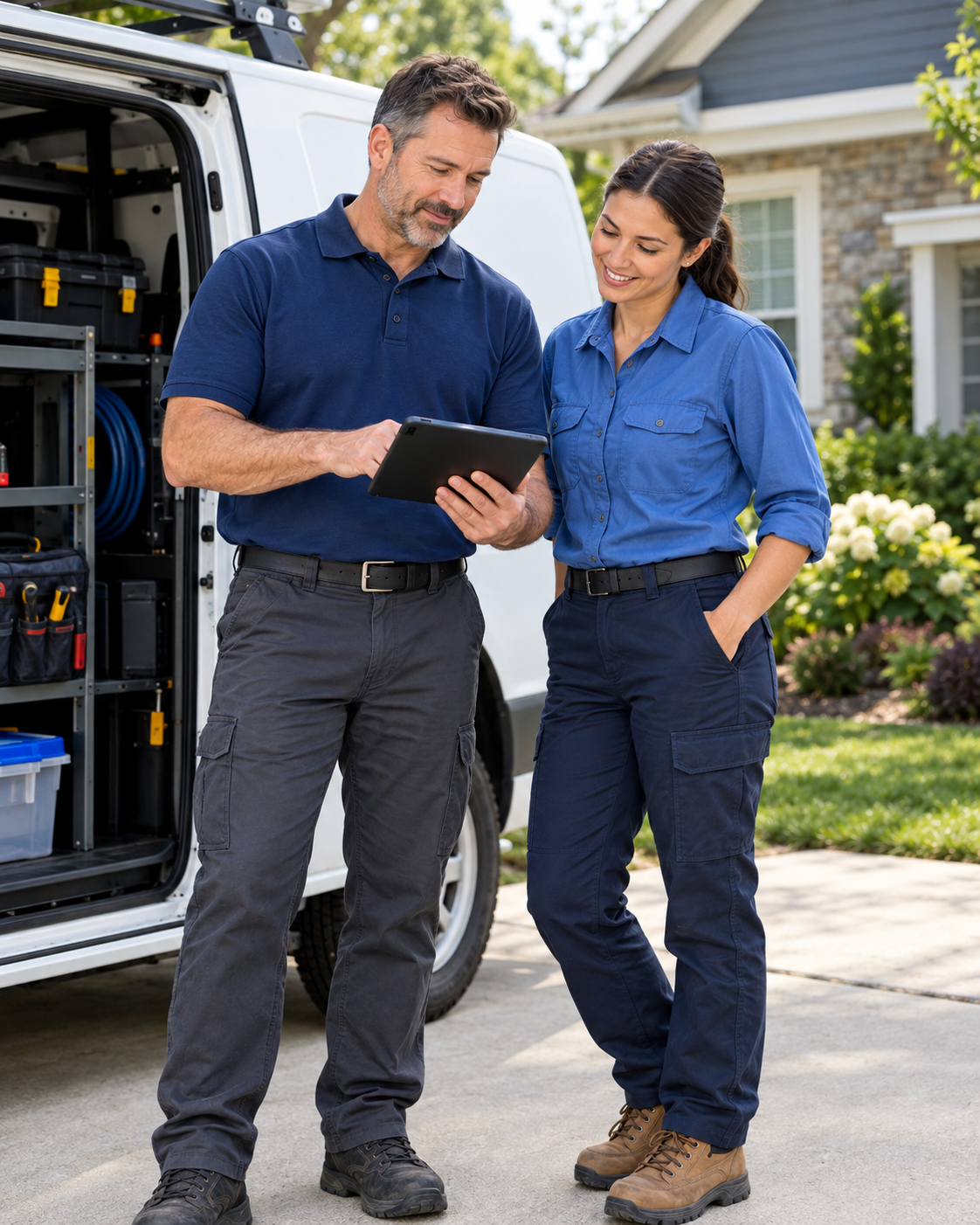 Home-service professionals reviewing a job on a tablet beside an equipped service van